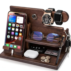 TESLYAR Wood Phone Docking Station for Men – Desk or Nightstand Organizer – Birthday Gifts for Husband, Dad – Anniversary Idea from Wife – Key Holder, Stand Wallet, Watch & Essentials (Bourbon Brown)